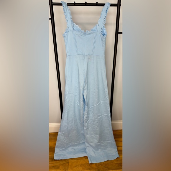 Fashion Nova Light Blue Lace Trim Long Pant Romper - Picture 5 of 7